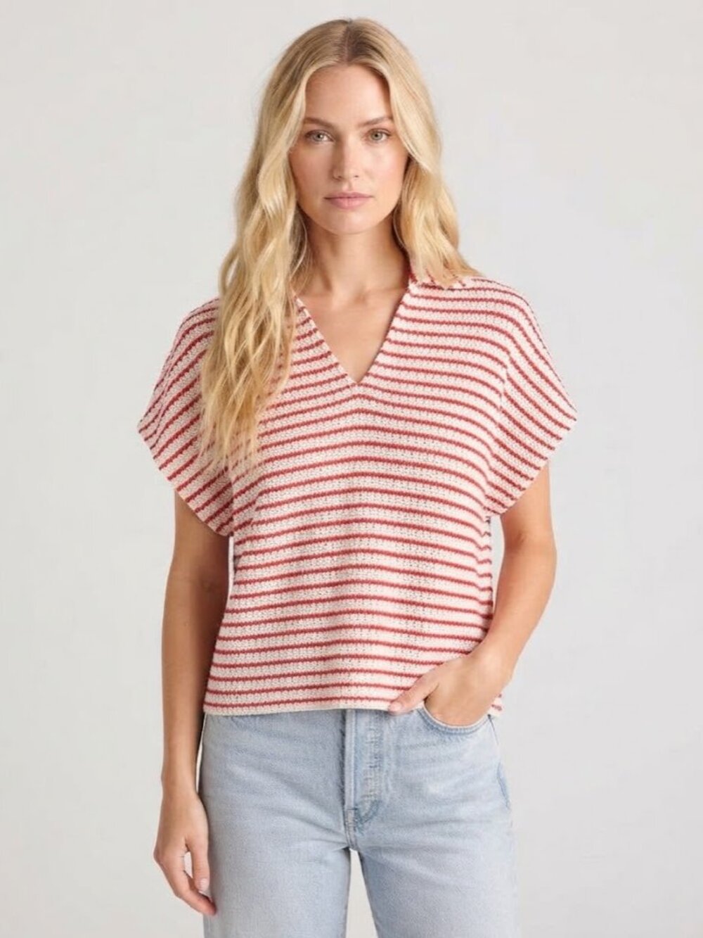 Madewell Textured Crochet Knit Johnny Collar Shirt Red Stripes Size M NWT